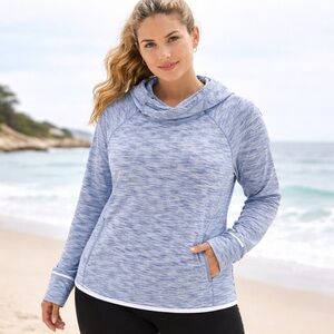 GapFit Blue, Gray, & White Space Dye Fleece Hoodie Size L Thumbholes Zip Pockets